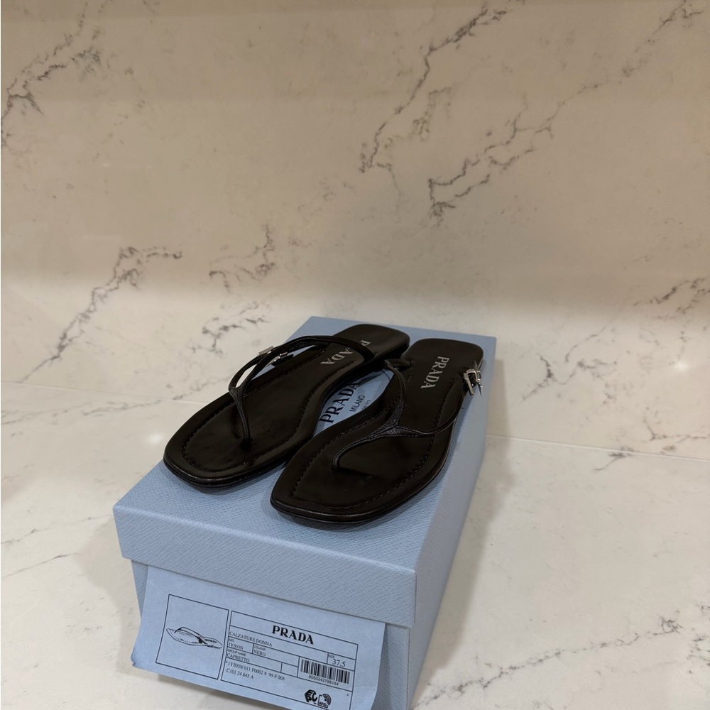 Prada Black Thong Sandals with Silver Logo Charm - Picture 2 of 6
